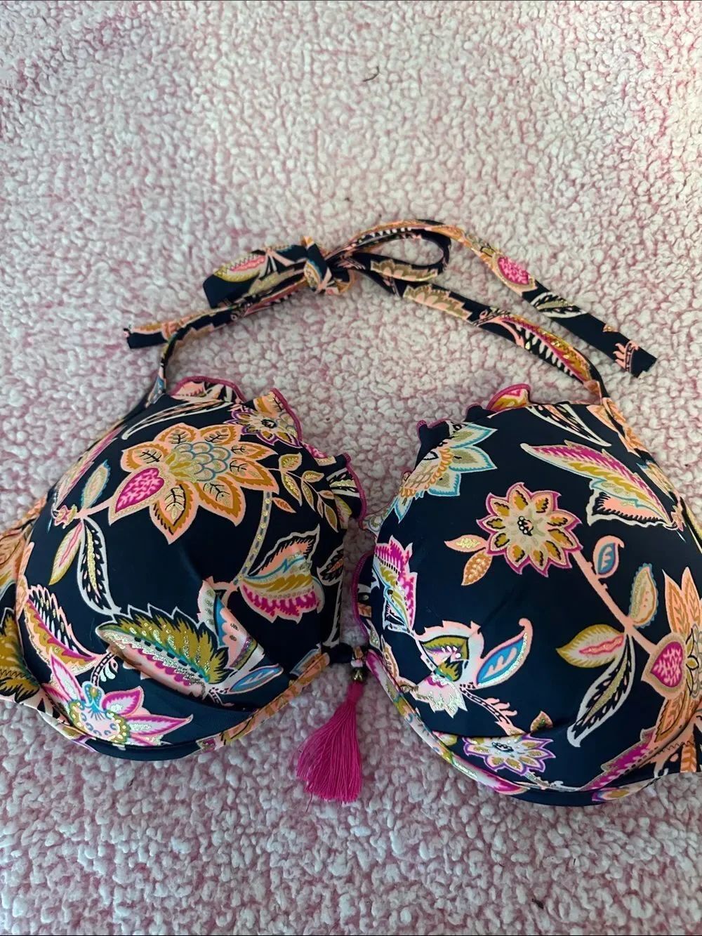 Women’s Navy Floral Halter Bikini Top - Pink & Peach Accents